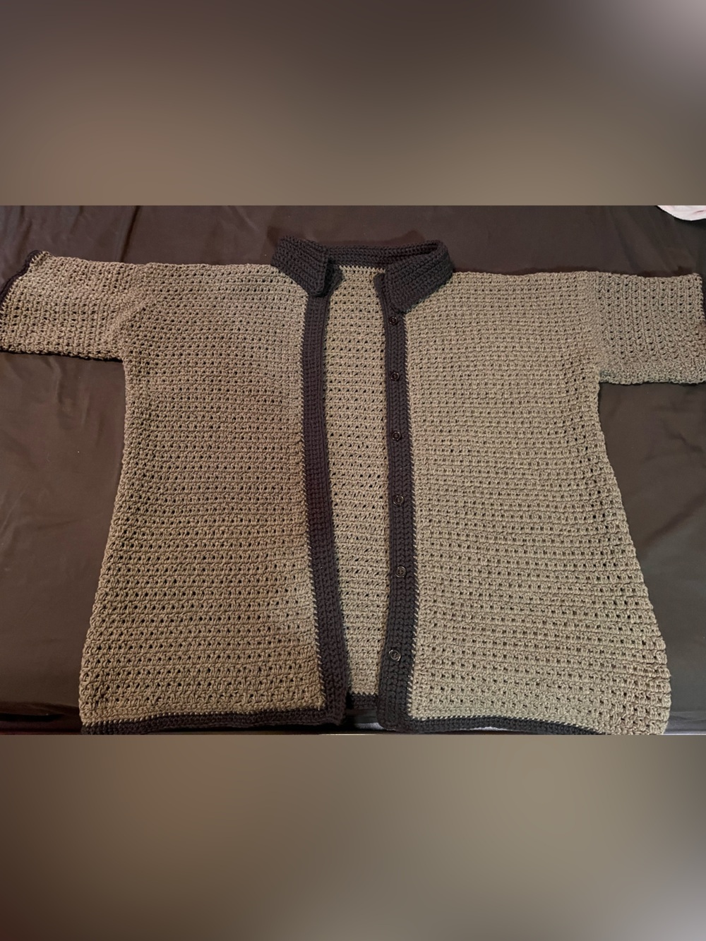 Handmade Green Crochet Cardigan with Black Trim